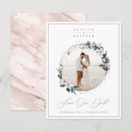 Magnolia Floral & Rose Gold Circle Gerahmtes Foto Save The Date