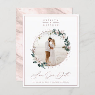 Magnolia Floral & Rose Gold Circle Gerahmtes Foto Save The Date
