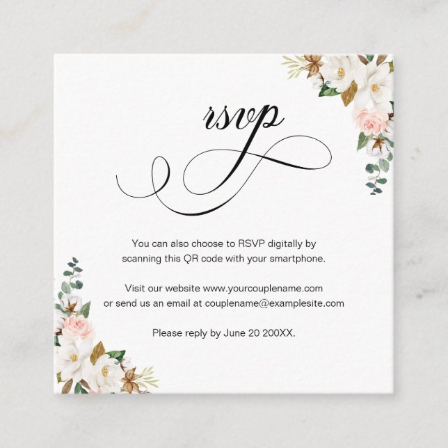 Magnolia floral Script QR Code Wedding RSVP Card Begleitkarte (Vorderseite)