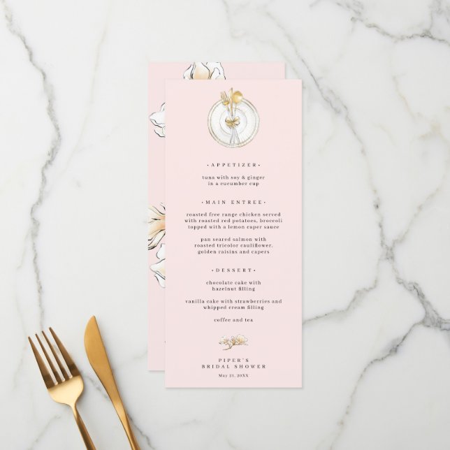 Magnolia Gold Table Setting Wedding Menu Menükarte (Vorderseite/Rückseite Beispiel)