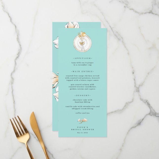 Magnolia Gold Table Setting Wedding Menu Menükarte (Vorderseite/Rückseite Beispiel)