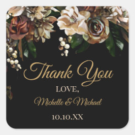 Magnolia Gold und Black Floral Vielen Dank Quadratischer Aufkleber