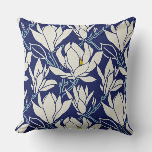 Magnolia-Grafik im Indigo-Muster Kissen