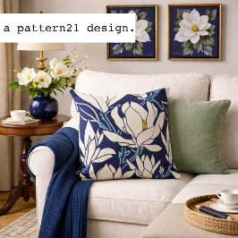 Magnolia-Grafik im Indigo-Muster Kissen