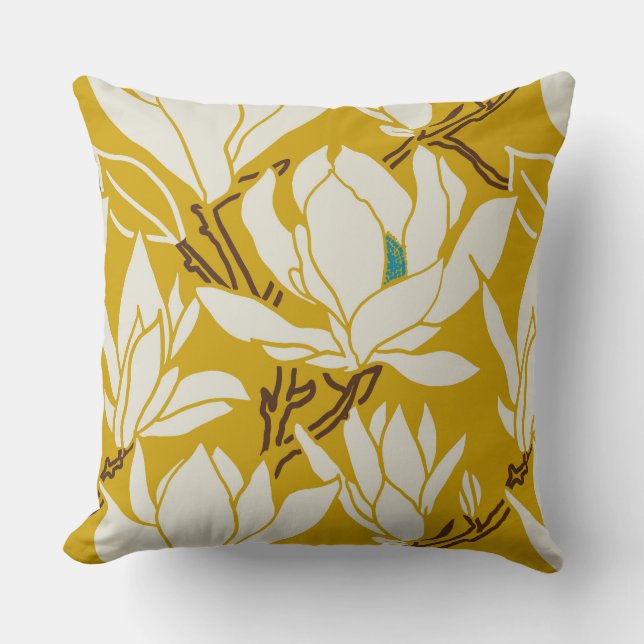Magnolia-Grafik im Senfmuster Kissen (Vorderseite)