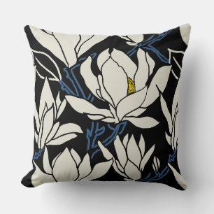Magnolia-Grafik in beigem und schwarzem Muster Kissen