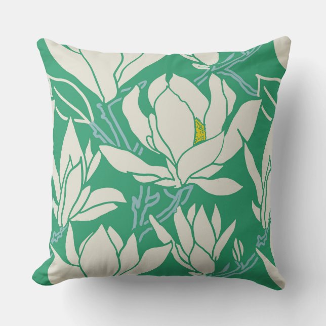 Magnolia-Grafik in grünem Muster Kissen (Vorderseite)