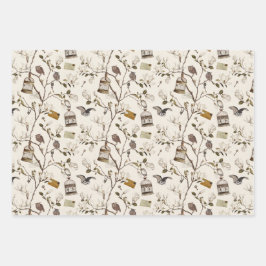 Magnolia Grove with Owls in Cream Blush Burgundy  Geschenkpapier Set