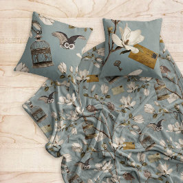 Magnolia Grove with Owls in Duck egg blue Fleecedecke