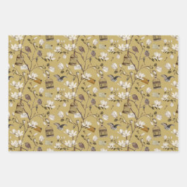 Magnolia Grove with Owls in Yellow Olive Green Geschenkpapier Set