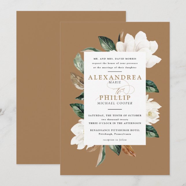 Magnolia Hochzeit Einladung | Gold (Vorne/Hinten)