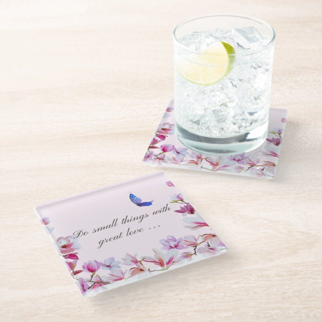 Magnolia mit Zitat-Untersetzer Glasuntersetzer (Schrägansicht)