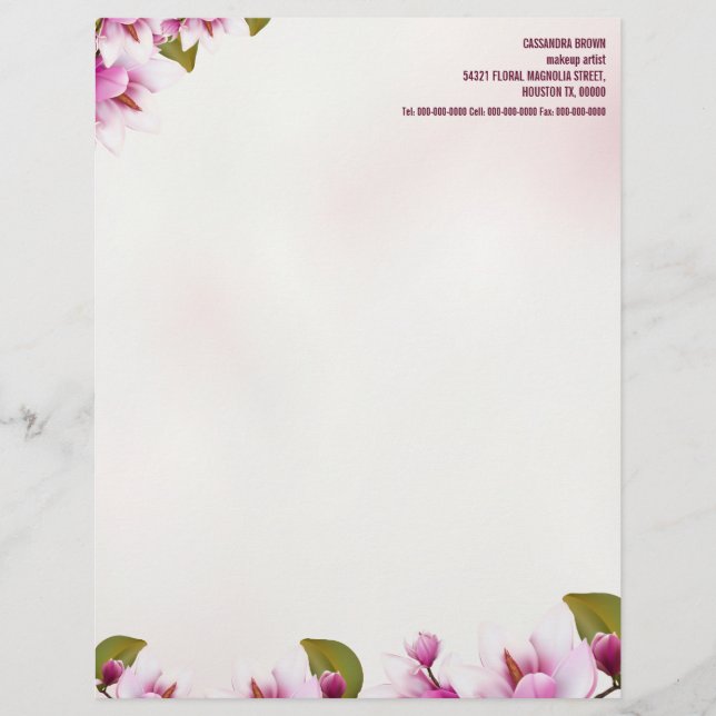 Magnolia Pink Floral Personalisiert Briefbogen (Vorderseite)