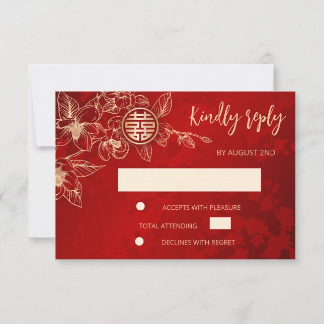 Magnolia Red Gold Chinese Wedding RSVP (Vorderseite)