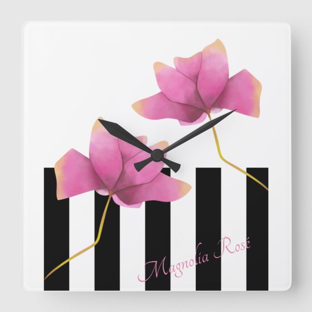 Magnolia Rosé Moderne Blumen und Streifen Quadratische Wanduhr (Vorderseite)