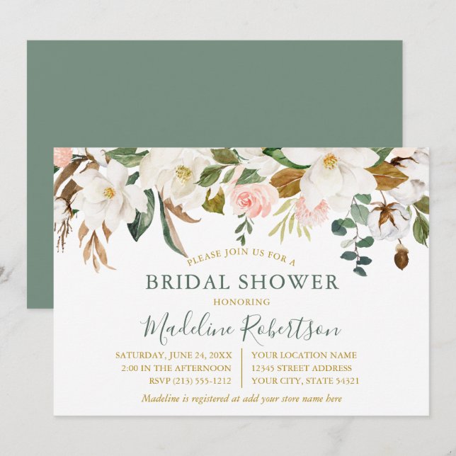 Magnolia Rose Wasserfarbe Grün goldgelb Einladung (Vorne/Hinten)