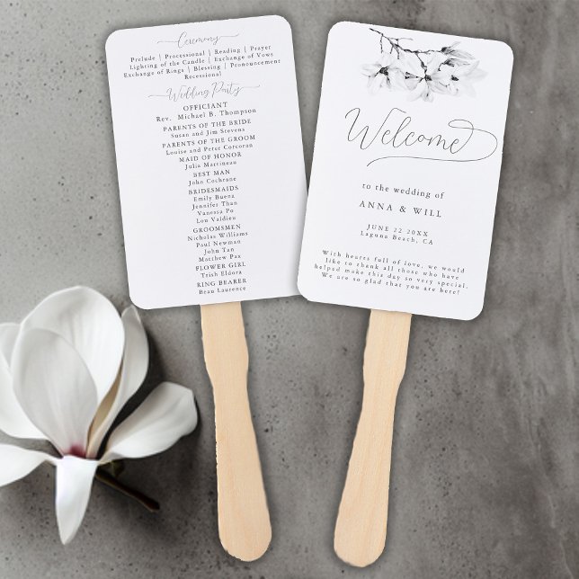 Magnolia Schwarz-weiß Art Wedding Program Fächer (Magnolia Wedding Program Hand Fan Black and White Art Elegant Modern Classic)