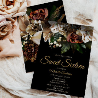 Magnolia Top Gold und Black Floral 16 . Geburtstag Einladung