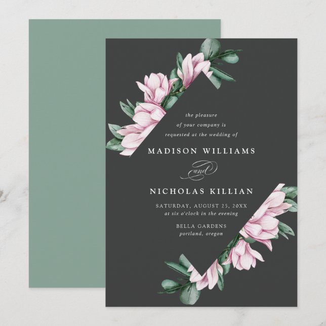 Magnolia und Eukalyptus | Blumenzargen Einladung (Vorne/Hinten)