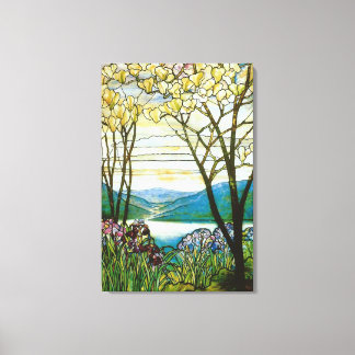 Magnolia- und Iris-Buntglasfenster Leinwanddruck