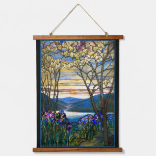 Magnolia und Iris Tiffany verklebtes Glasband Wandteppich Mit Holzrahmen