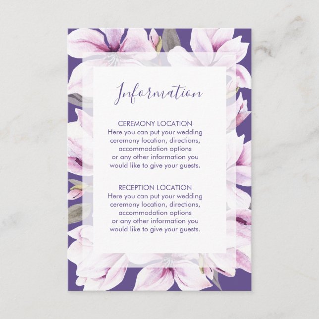 Magnolia Violet Floral Wedding Information Cards Begleitkarte (Vorderseite)