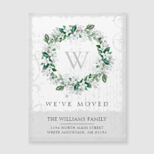 Magnolia Watercolor Floral Wreath Monogram Moving Magnetkarte