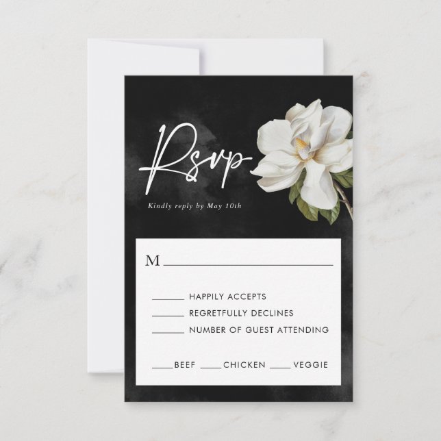Magnolia Wedding Black and White RSVP Card (Vorderseite)