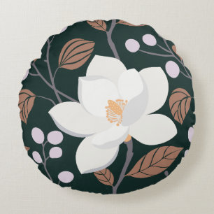 Magnolia Whisper Deep Green Brown Round Pillow Rundes Kissen
