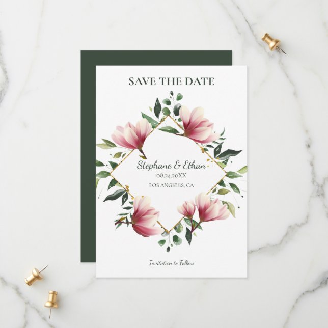 Magnolia Wreath Save The Date (Vorderseite/Rückseite Beispiel)