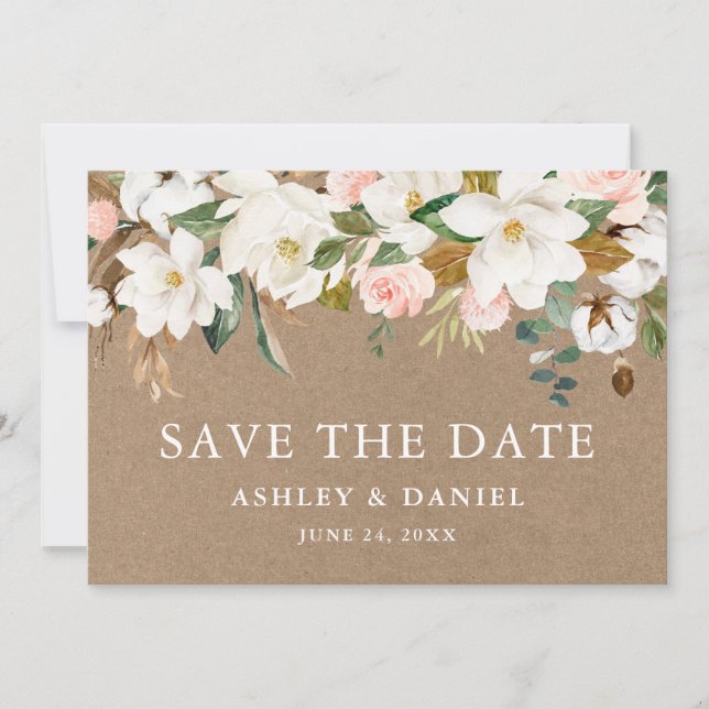 Magnolias rosa Roses Kraft Save The Date (Vorderseite)