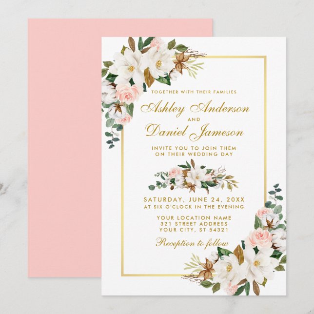 Magnolias-Rose Hochzeitsreise mit Flora Einladung (Vorne/Hinten)