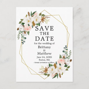 Magnolias Roses Gold Geo Frame Save the Date Postkarte