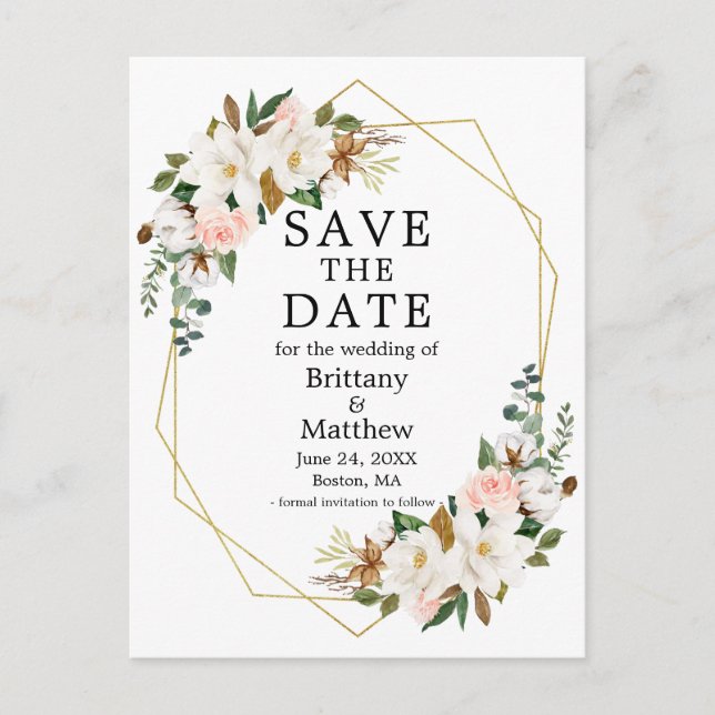 Magnolias Roses Gold Geo Frame Save the Date Postkarte (Vorderseite)