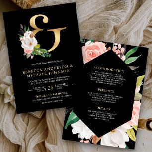 Magnolie Floral Gold Et-Zeichen Schwarz Hochzeit Einladung