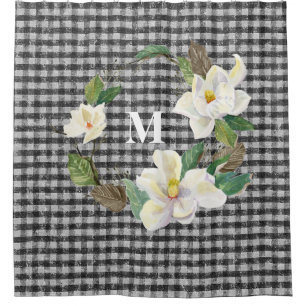 Magnolie Floral Schwarz-Weiß-Karo mit Monogramm Duschvorhang