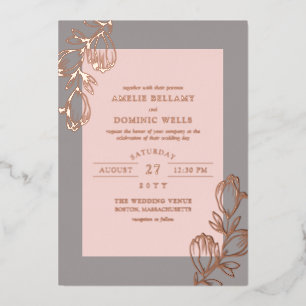 Magnolie Knospen Roségold Hochzeit Grau Folieneinladung