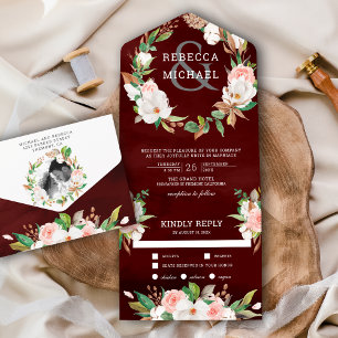 Magnolie Rosafarben Floraler Kranz Burgunder Hochz All In One Einladung