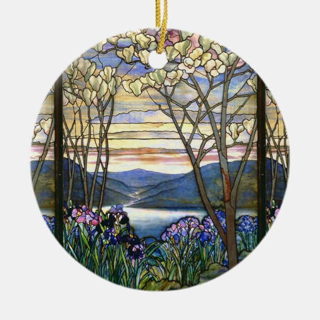 Magnolie und Iris landschaftliches Inspirational Keramikornament (Vorne)