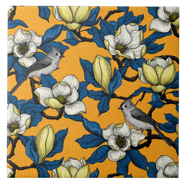 Magnolie und Titmausvogel blühen 3 Fliese (Vorderseite)