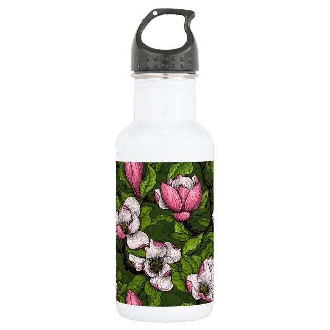 Magnolien blühen auf dunkelgrün edelstahlflasche (Vorderseite)