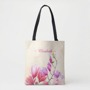 Magnolien in Rosa Aquarell auf Creme-Tragetasche