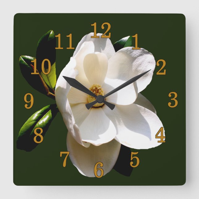 Magnolien mit Goldene Zahlen Quadratische Wanduhr (Vorderseite)