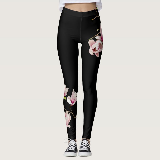 Magnolien-Schwarzes Leggings (Vorderseite)