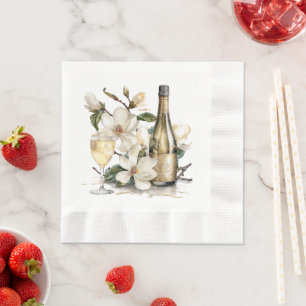 Magnolien und Champagner-Gläser Hochzeit Serviette