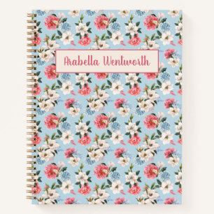 Magnolien und Nelken auf Blau Personalisiert Notizbuch