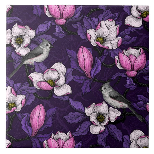 Magnolien und Titmausvogel blühen 4 Fliese (Vorderseite)