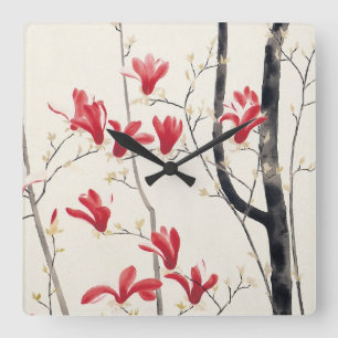 Magnolienbaum von Kobayashi Kokei, Vintage Natur Quadratische Wanduhr