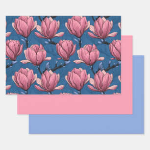 Magnoliengarten auf blau geschenkpapier set
