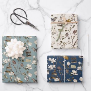 Magnolienhain mit Eulen in Creme und Blau Geschenkpapier Set
